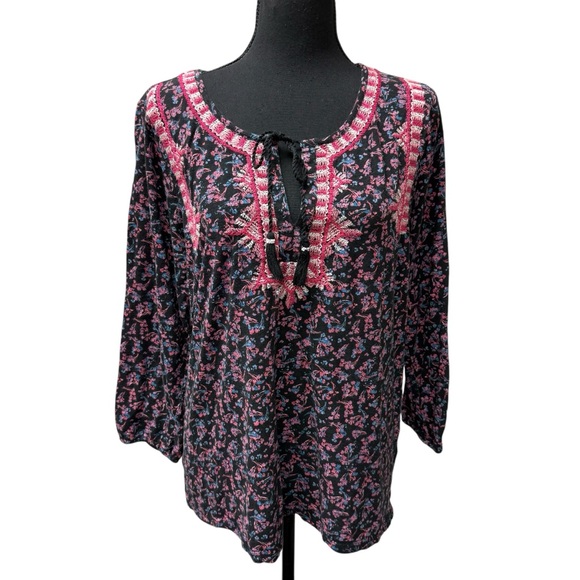 Lucky Brand Tops - Lucky Brand Black Pink Floral Embroidered Boho Peasant Blouse Tassel Tie XL
